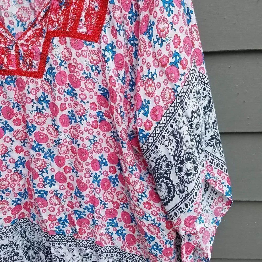 Behind the Seams Red/Blue Boho Bat Wing Peasant Top ck measurements - Picture 11 of 11